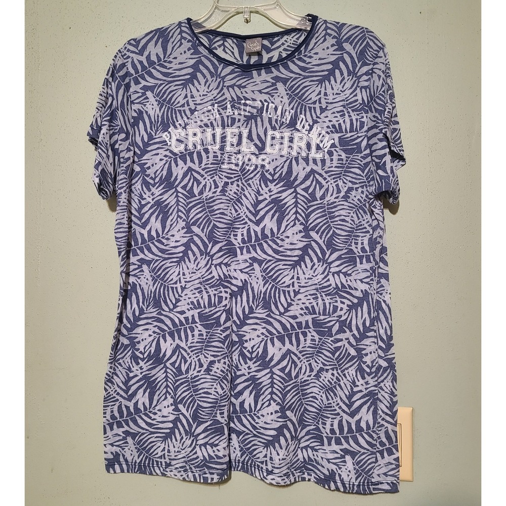 Cruel Girl Burnout Graphic T-Shirt Womens XXL‎ Blue White Palm Leaf Print